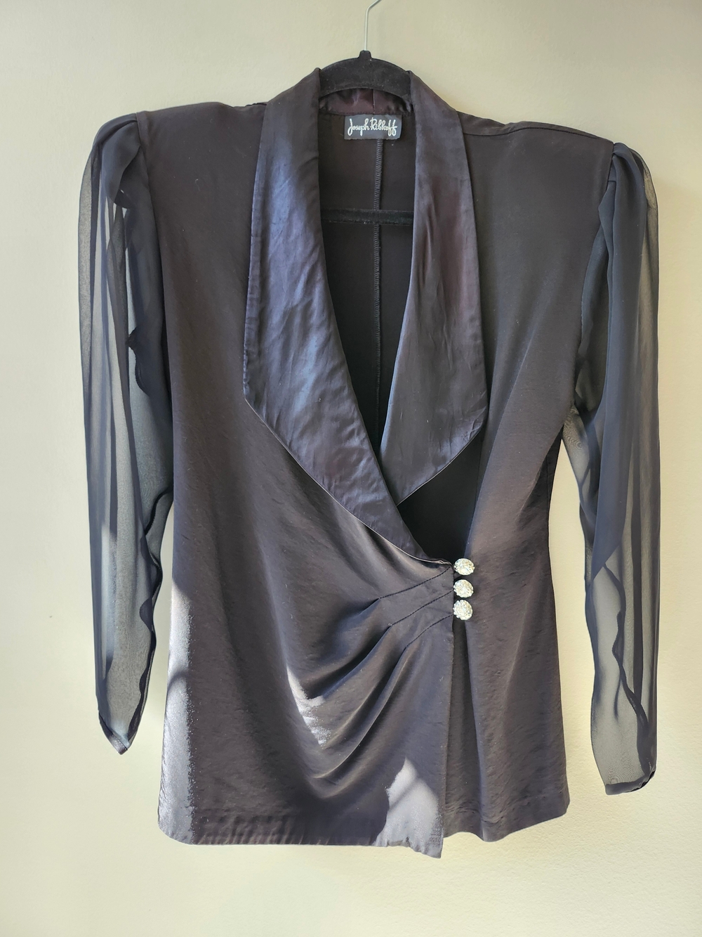 Joseph Ribkoff Black Satin & Sheer Sleeve Wrap Blazer - Picture 2 of 10